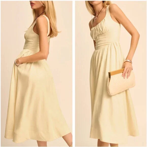 NWT Reformation Balia Linen Midi Dress Sz6 Parmesan Yellow Linen Casual - Picture 4 of 9